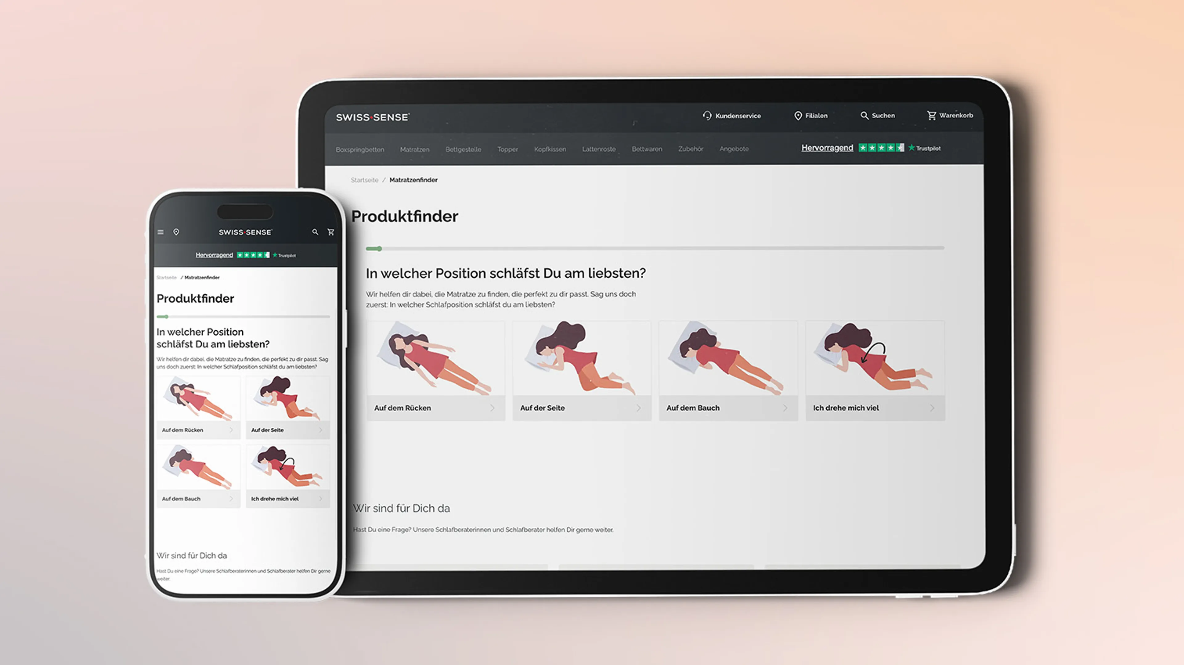 Handy und Tablet Ansicht des Produktfinders mit Fragen und Antworten zur Schlafposition.